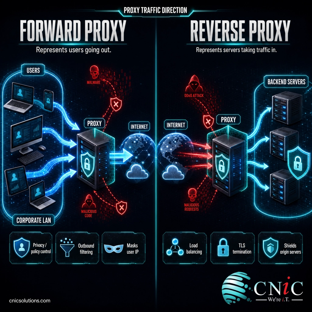Side by side diagram of a forward proxy facing users and a reverse proxy facing servers