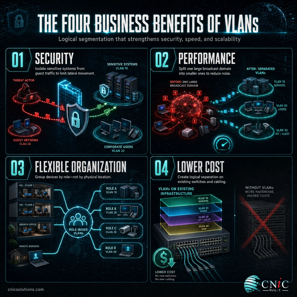 Four-quadrant infographic of VLAN benefits: security, performance, flexible organization, and lower cost