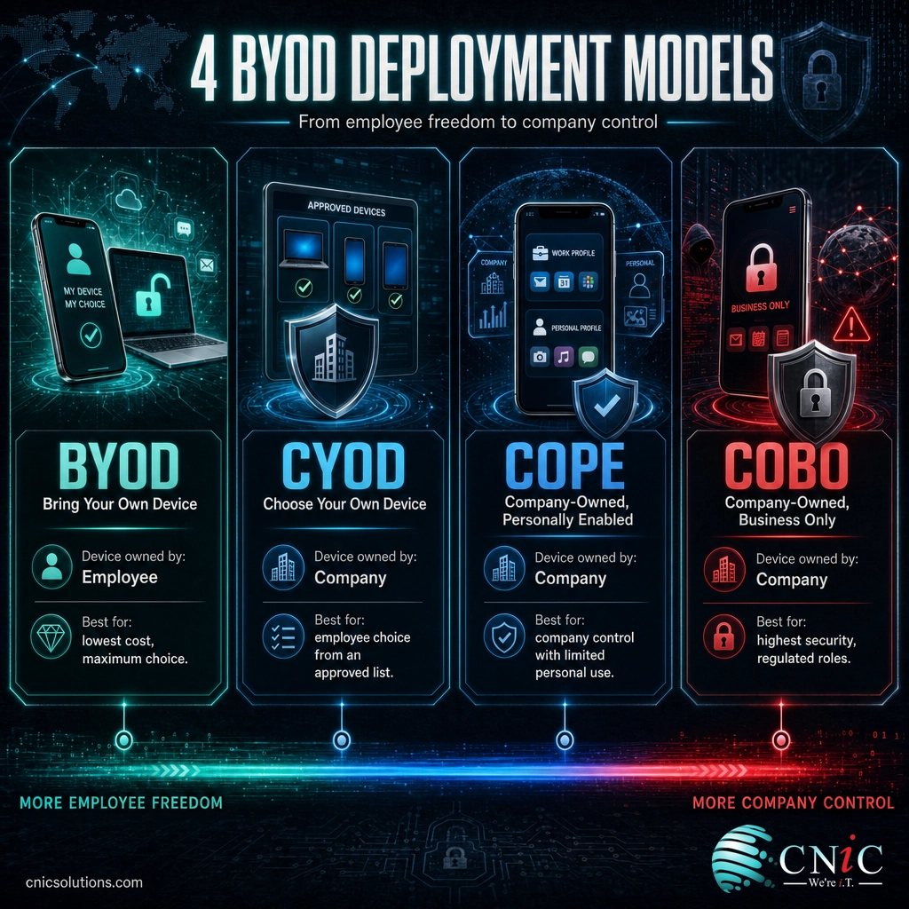 Infographic comparing BYOD, CYOD, COPE, and COBO device-ownership models by owner and best use