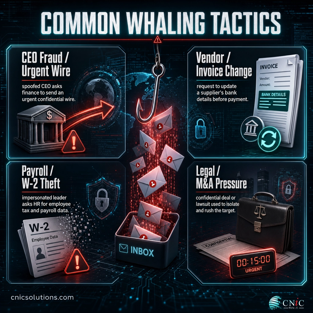 Four-panel infographic of common whaling tactics: CEO wire fraud, vendor invoice change, payroll W-2 theft, and legal pressure