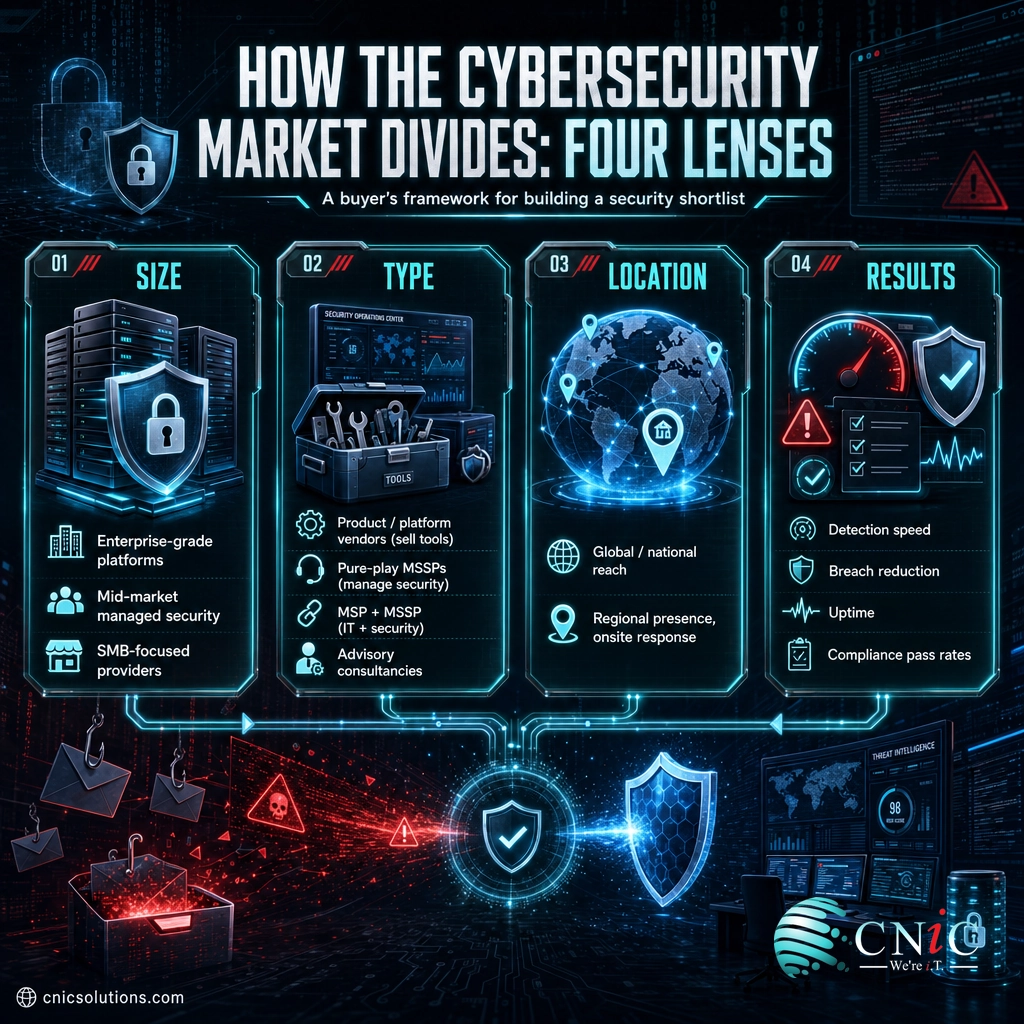 Infographic of the four lenses to evaluate cybersecurity companies by size, type, location, and results