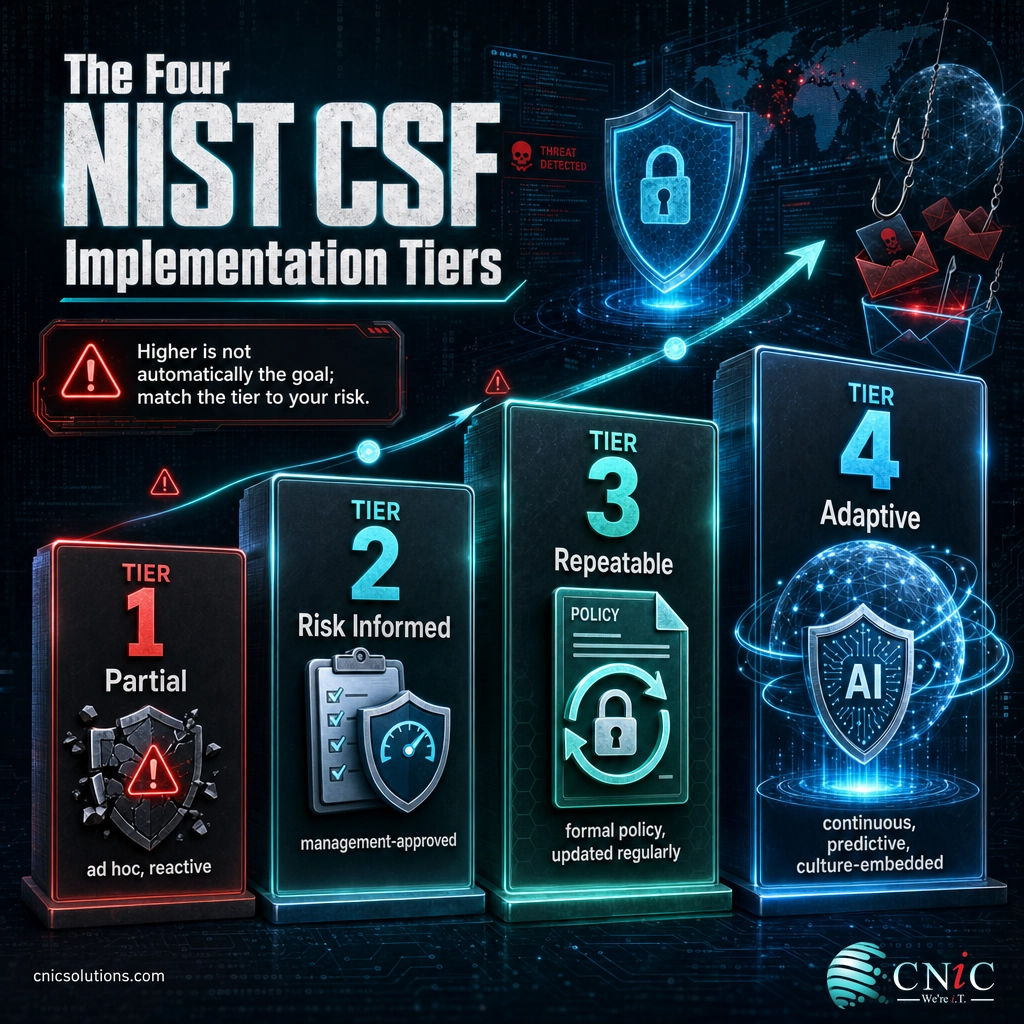 Infographic of the four NIST CSF implementation tiers from Tier 1 Partial to Tier 4 Adaptive as an ascending ladder