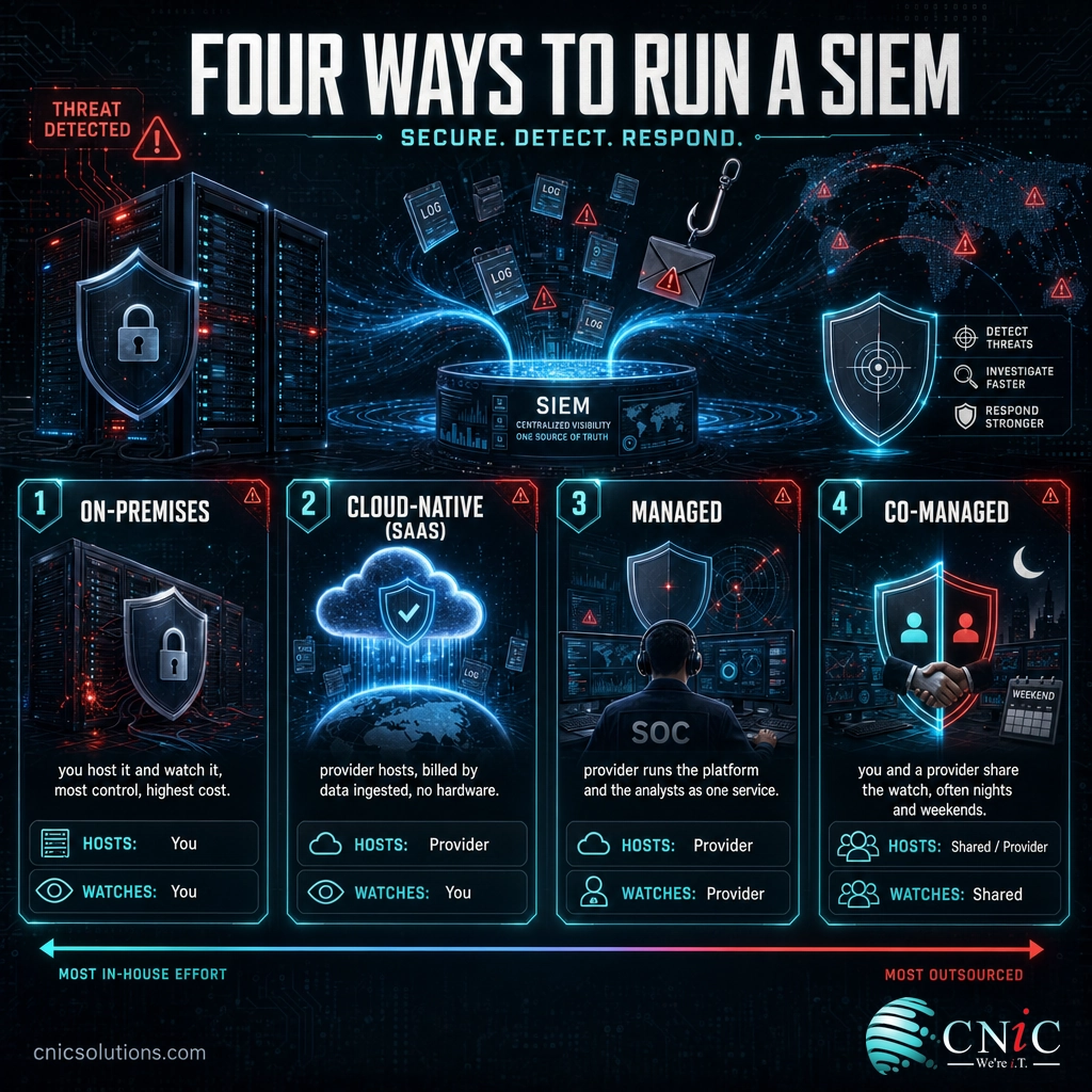 Infographic comparing on-premises, cloud-native, managed, and co-managed SIEM deployment models by who hosts and who monitors