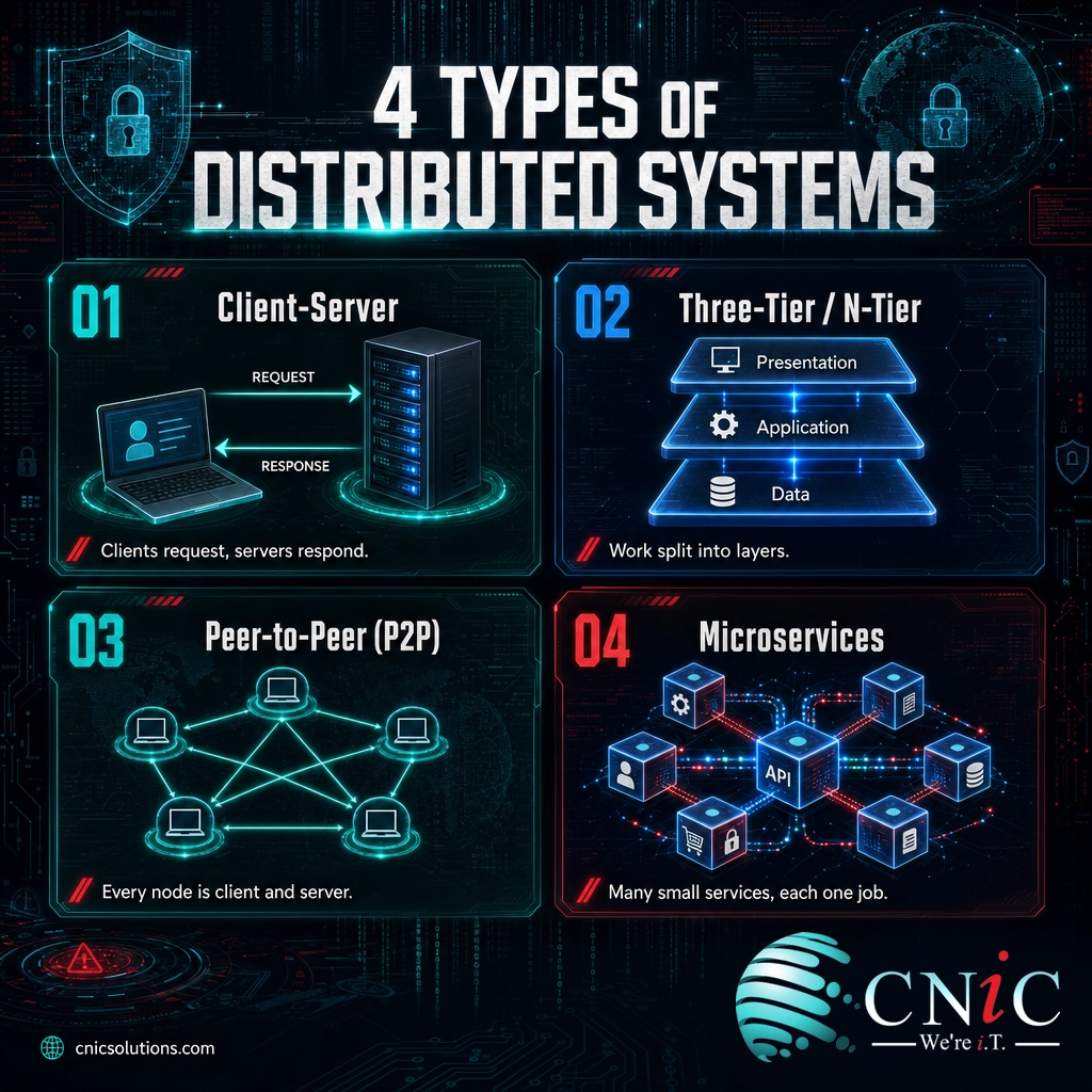 Infographic of four distributed system types: client-server, three-tier, peer-to-peer, and microservices