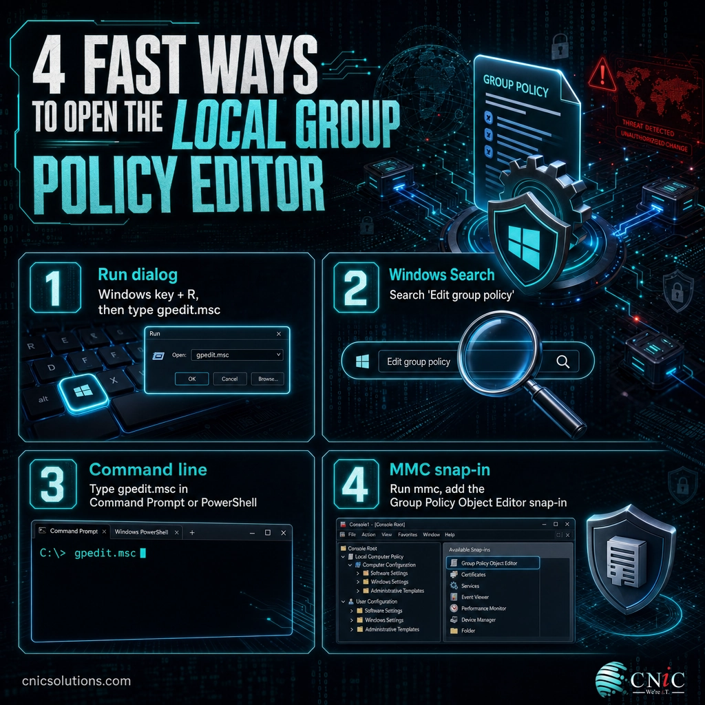 Infographic comparing four methods to open gpedit.msc: Run dialog, Search, command line, and MMC