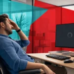 Business professional waiting at a desk as a slow desktop computer loads