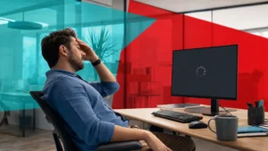 Business professional waiting at a desk as a slow desktop computer loads