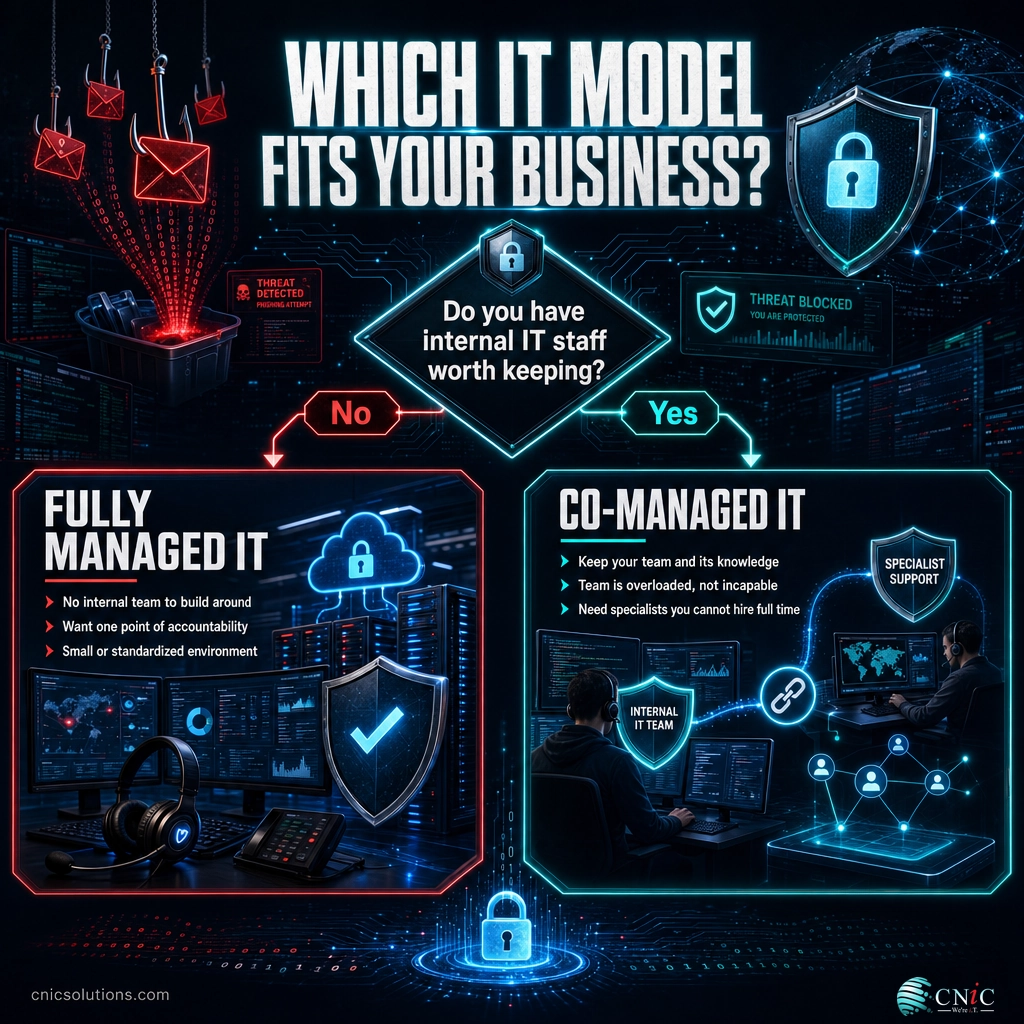 Flowchart infographic guiding businesses to choose fully managed or co-managed IT based on whether they have internal staff