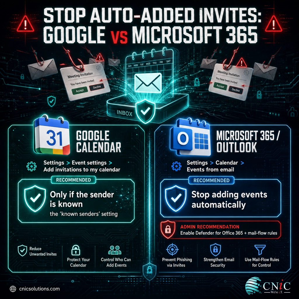 Infographic comparing the Google Calendar known-senders setting and the Microsoft 365 events-from-email setting to stop auto-added phishing invites