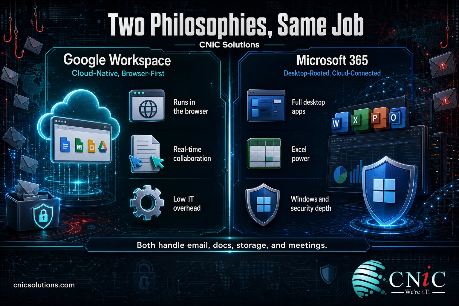 Infographic comparing Google Workspace as cloud-native and Microsoft 365 as desktop-rooted across three traits each