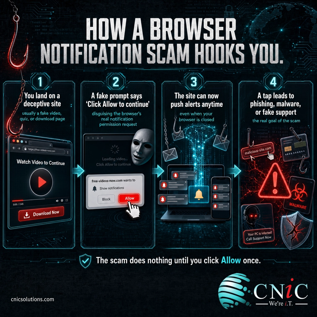 Four-step infographic showing how a fake Click Allow prompt leads to endless scam browser notifications