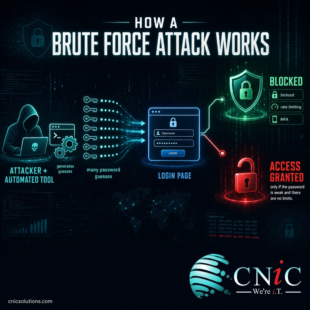 Diagram of a brute force attack: an automated tool sends many password guesses to a login, blocked by lockout and MFA