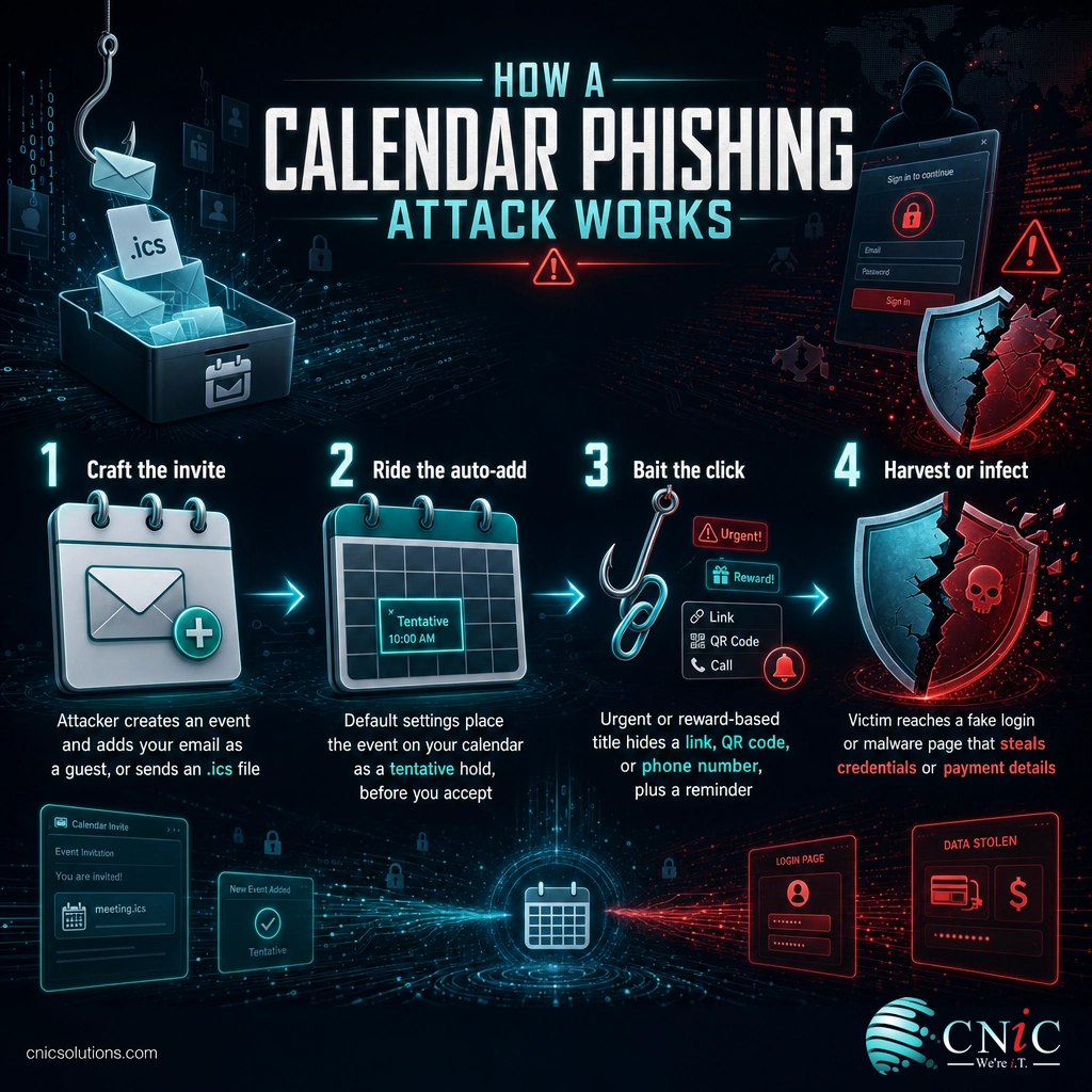 Infographic showing the four stages of a calendar phishing attack: craft the invite, auto-add, bait the click, harvest or infect