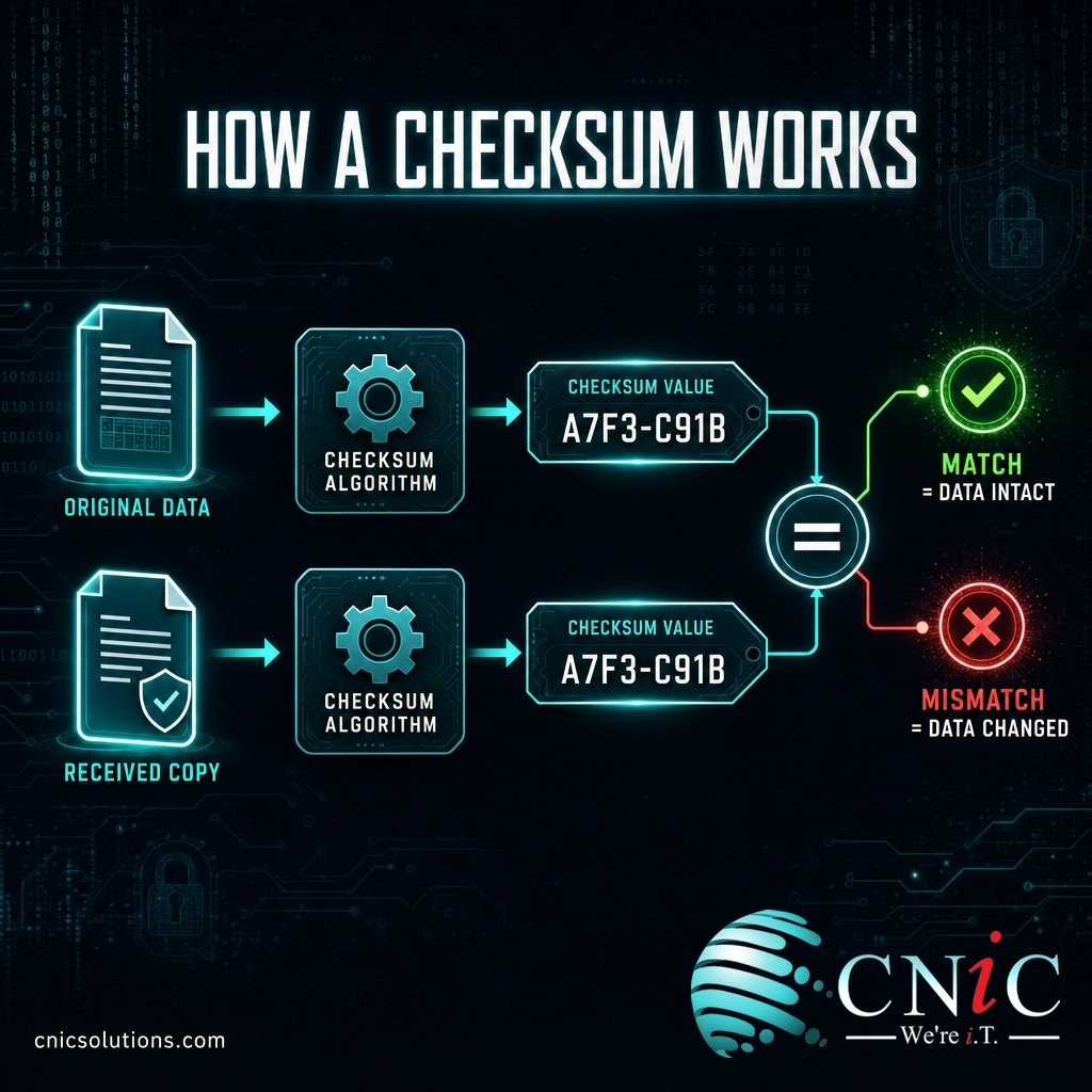 Diagram showing original data and a received copy each run through a checksum algorithm, then compared for a match or mismatch