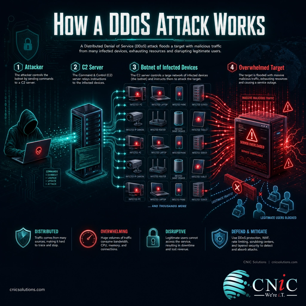 Diagram showing an attacker controlling a botnet through a C2 server to flood and overwhelm a target server