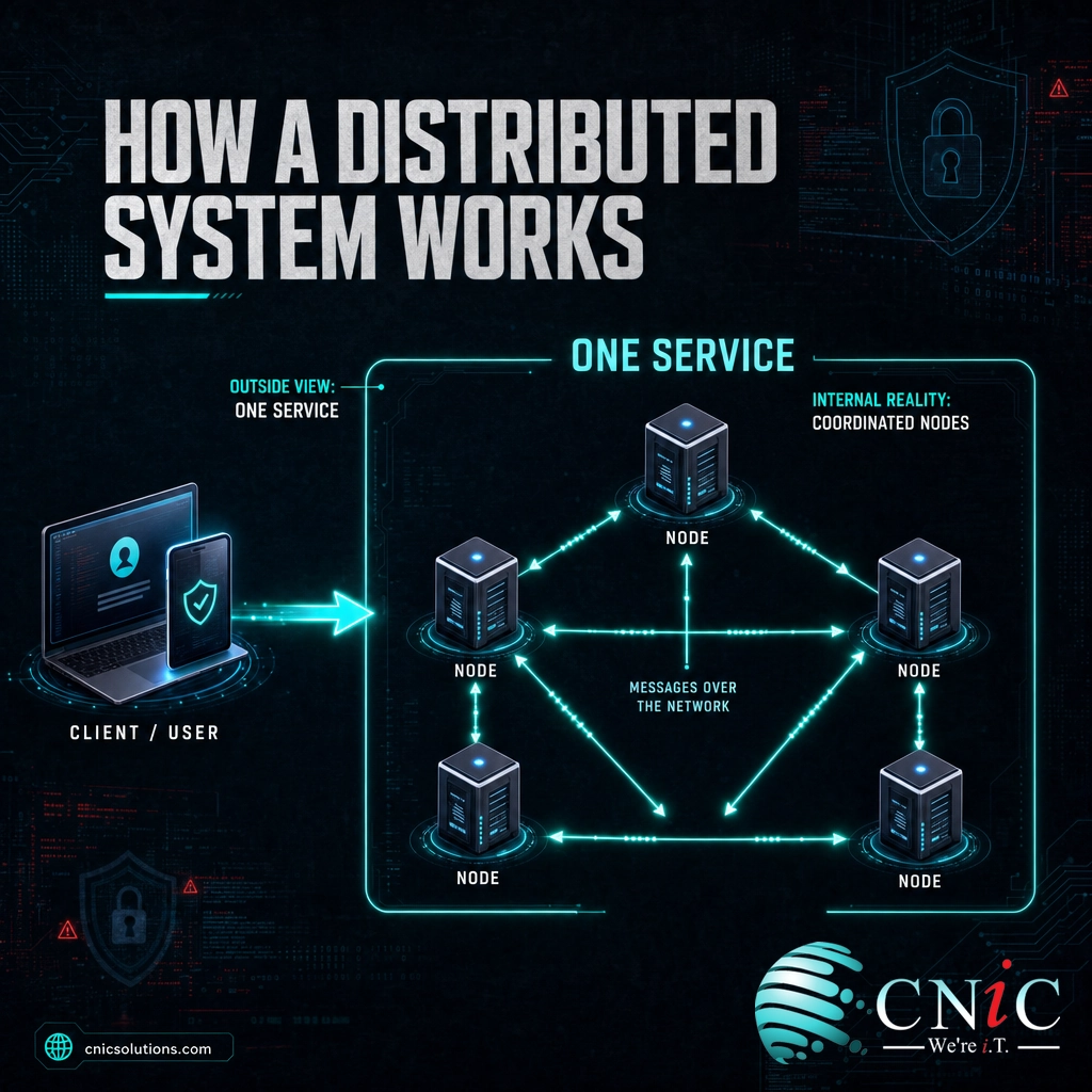 Diagram showing a user reaching one service made of several networked nodes passing messages