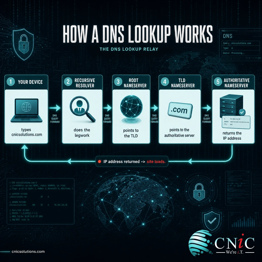 Diagram of a DNS lookup from device to recursive resolver, root, TLD, and authoritative nameserver
