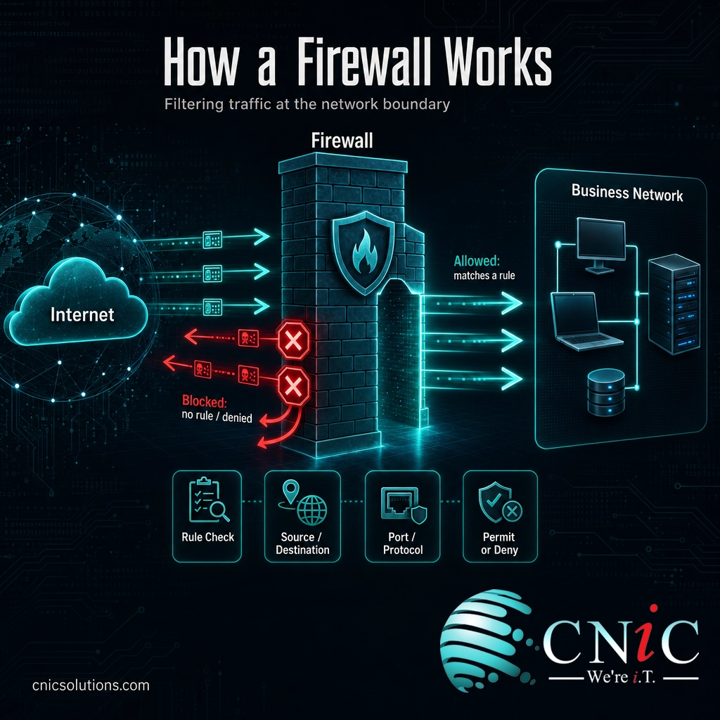 Diagram showing a firewall at the network boundary allowing legitimate traffic and blocking unauthorized traffic