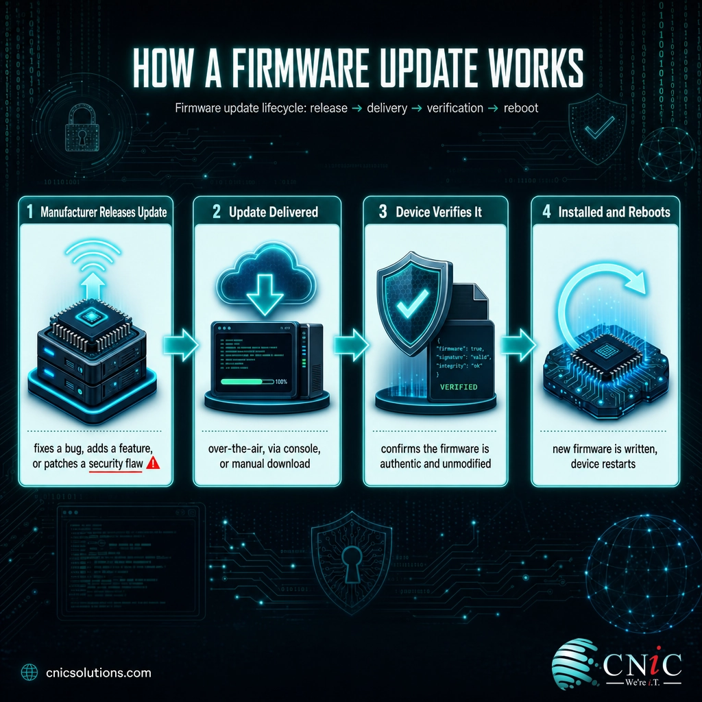 Diagram of the firmware update lifecycle: manufacturer release, delivery, verification, and install with reboot