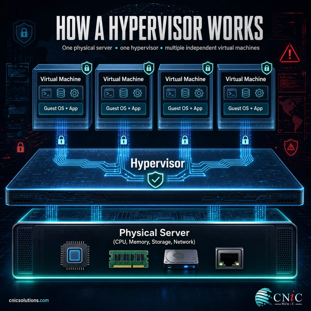 Layered diagram of physical hardware, a hypervisor layer, and several virtual machines running on top