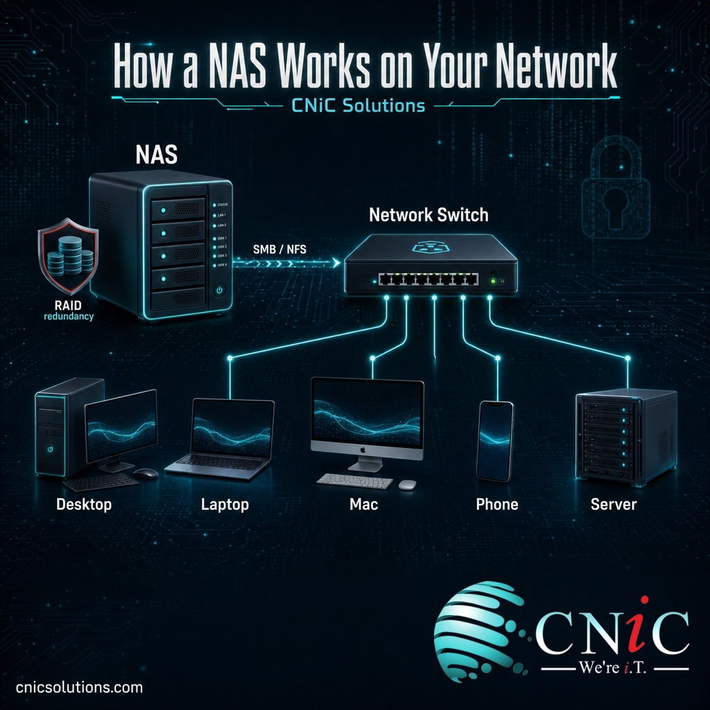 Diagram of a NAS connected to a network switch serving files to desktops, laptops, and phones over SMB and NFS