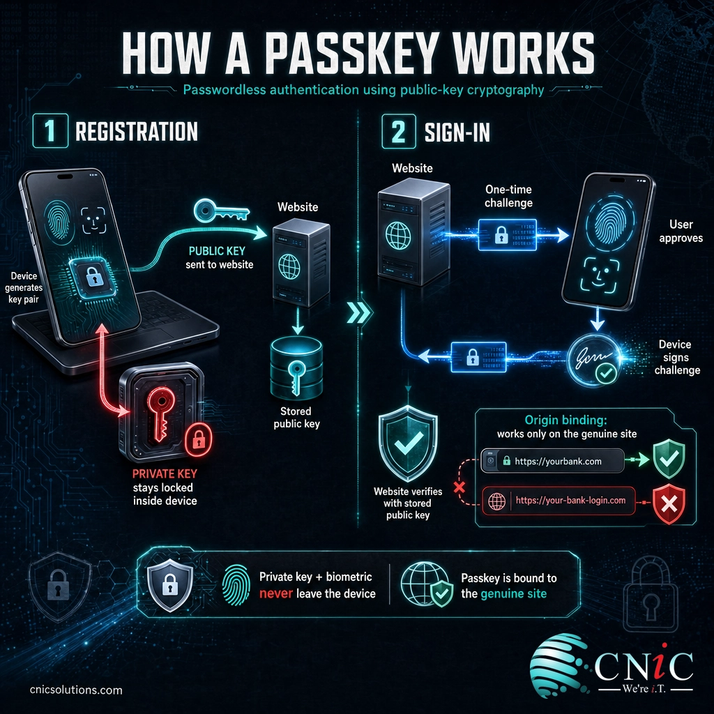 Diagram of how a passkey works: device keeps the private key, website stores only the public key, challenge is signed at sign-in