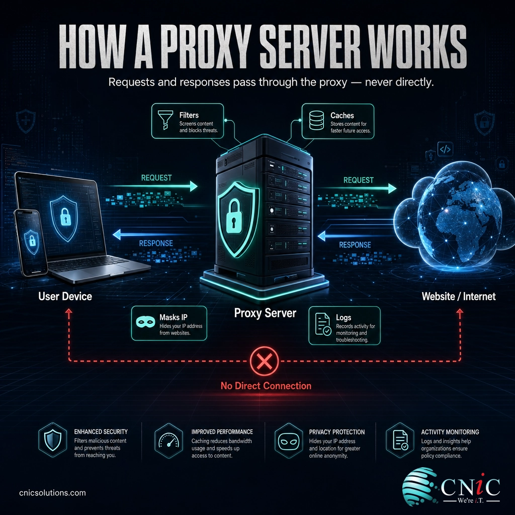 Diagram showing a request flowing from a user device through a proxy server to the internet and back