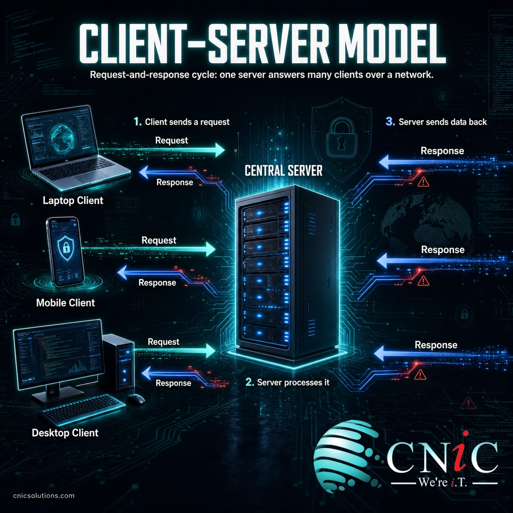 Infographic of the client-server model showing devices sending requests to a central server and receiving data back