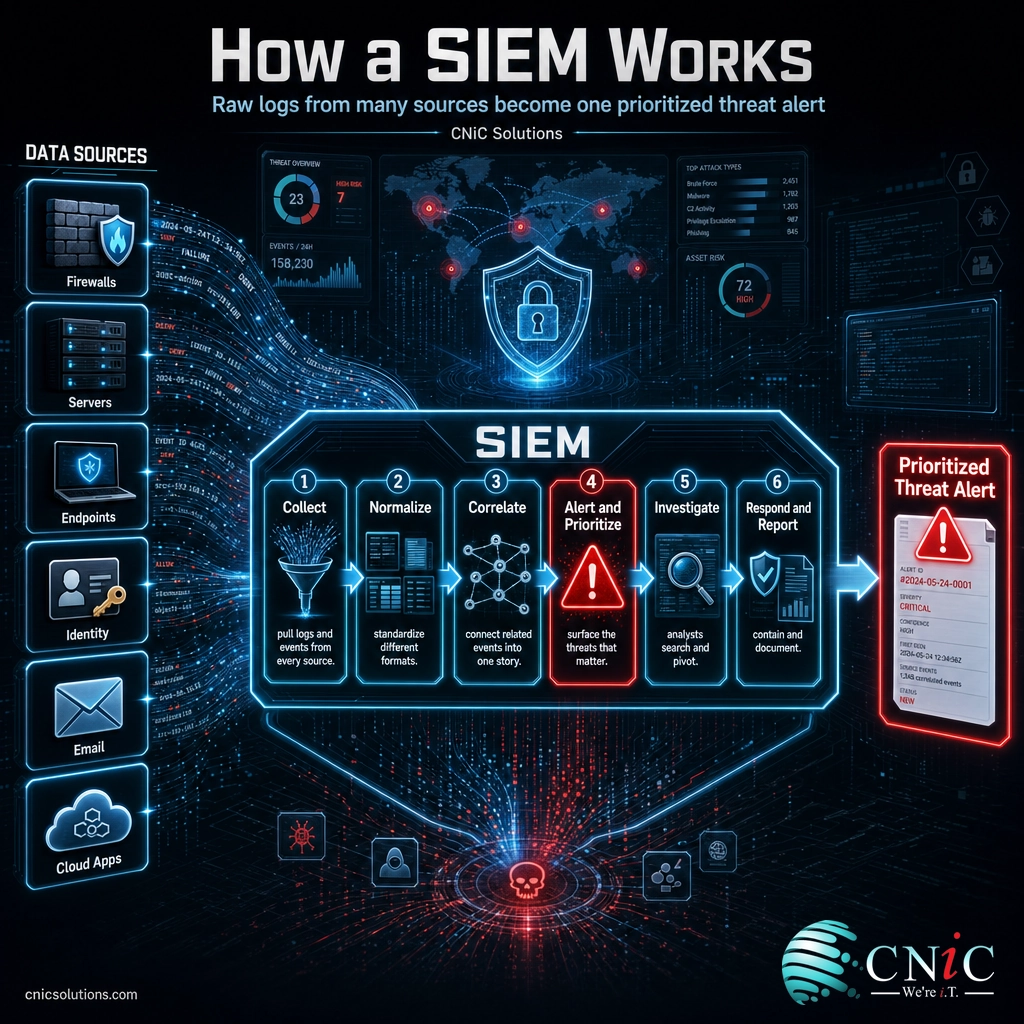 Infographic showing a SIEM pipeline from many log sources through collect, normalize, correlate, alert, investigate, and respond