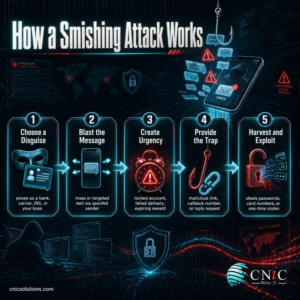 Diagram showing the five steps of a smishing attack from choosing a disguise to harvesting stolen data