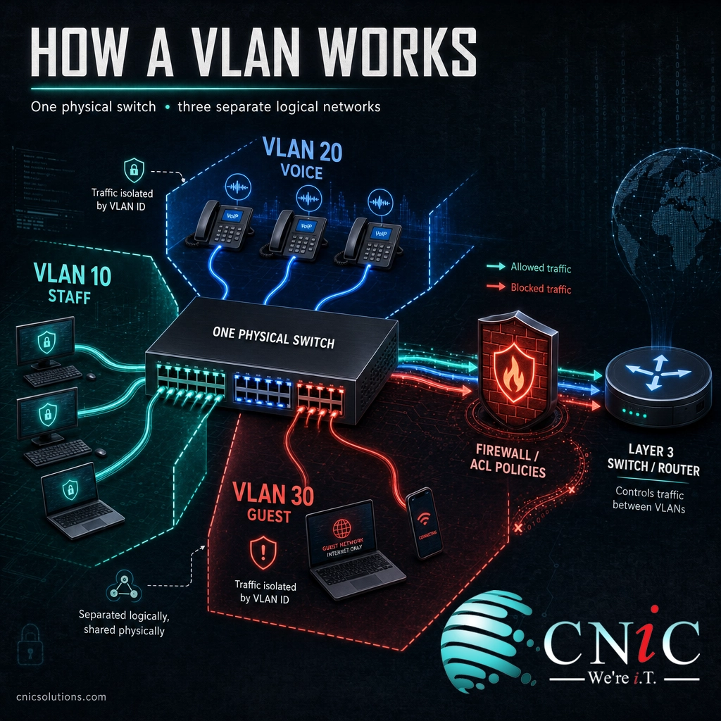 Diagram showing one physical switch divided into staff, voice, and guest VLANs with a router controlling traffic between them