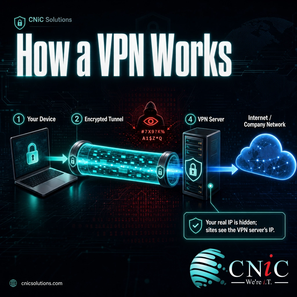 Diagram showing a device connecting through an encrypted VPN tunnel to a VPN server, hiding data from the public network