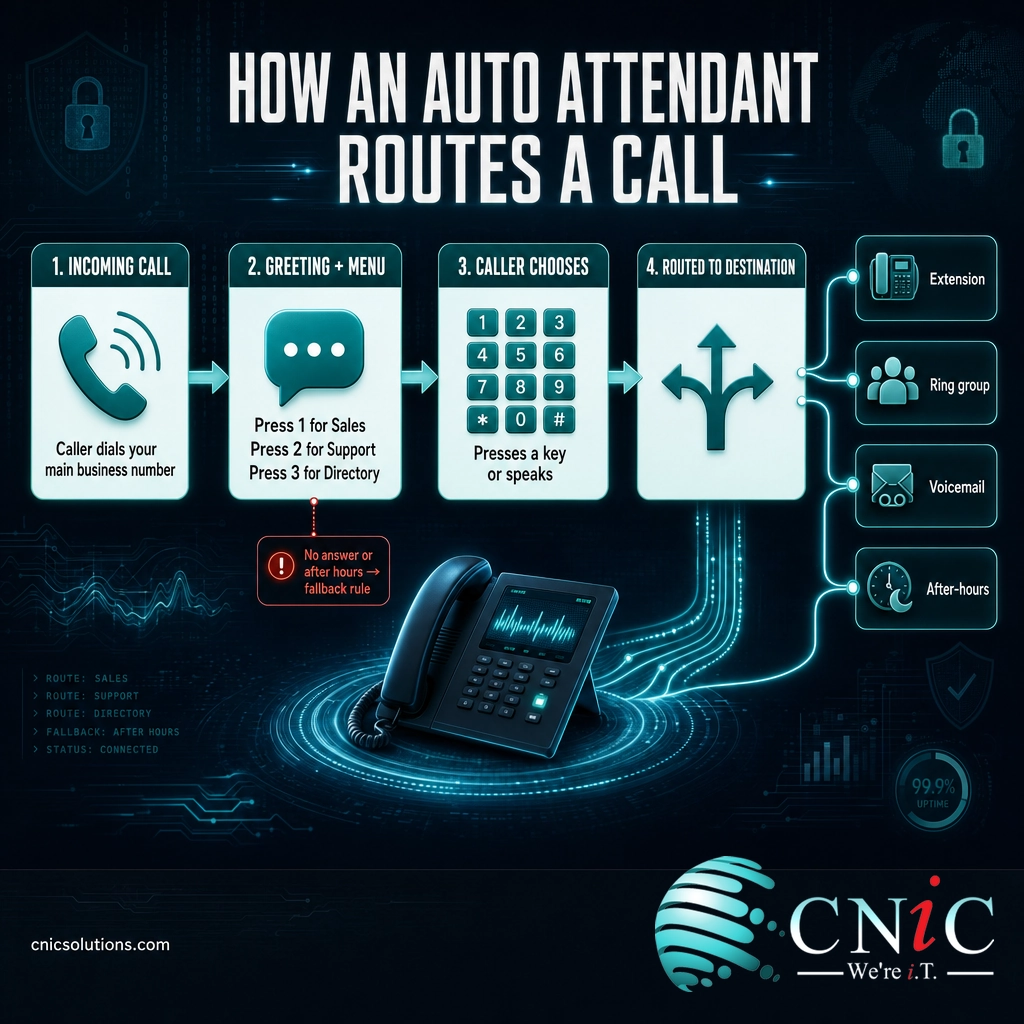 Infographic of an auto attendant call flow from greeting and menu to extension, ring group, or voicemail
