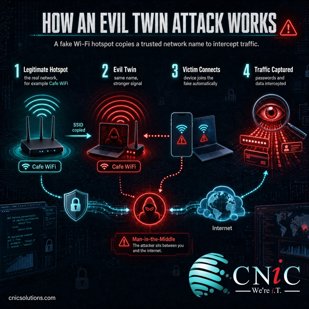 Diagram showing a fake evil twin hotspot copying a real network name so a victim connects and their traffic is intercepted
