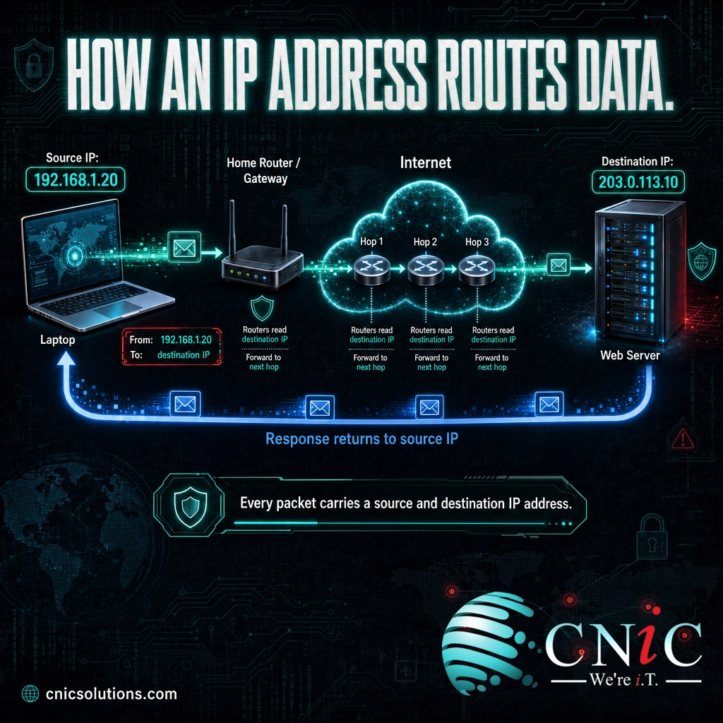 Diagram of a data packet travelling from a device IP address through routers to a destination server IP and back