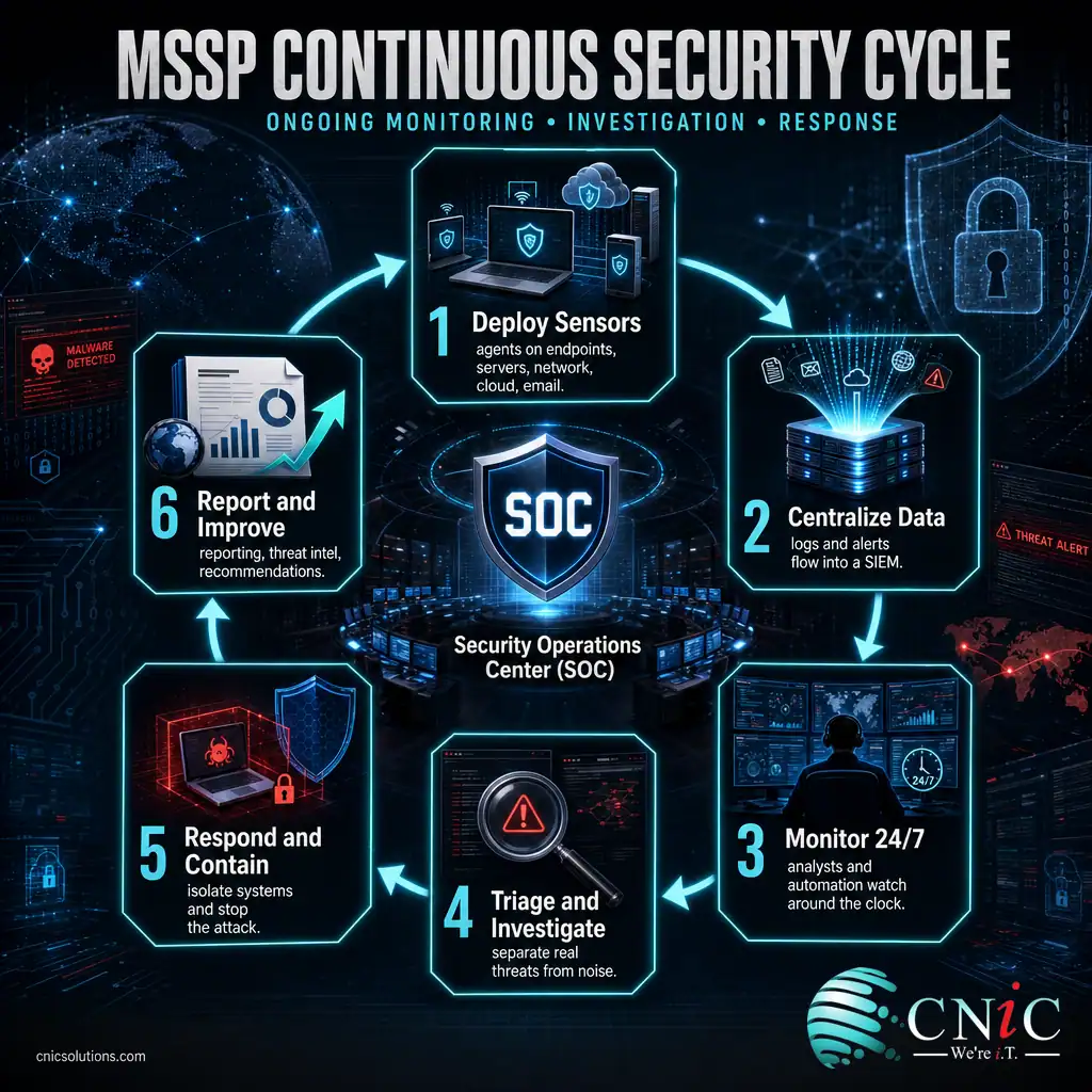 Infographic showing how an MSSP works as a six step security monitoring and response loop run from a SOC