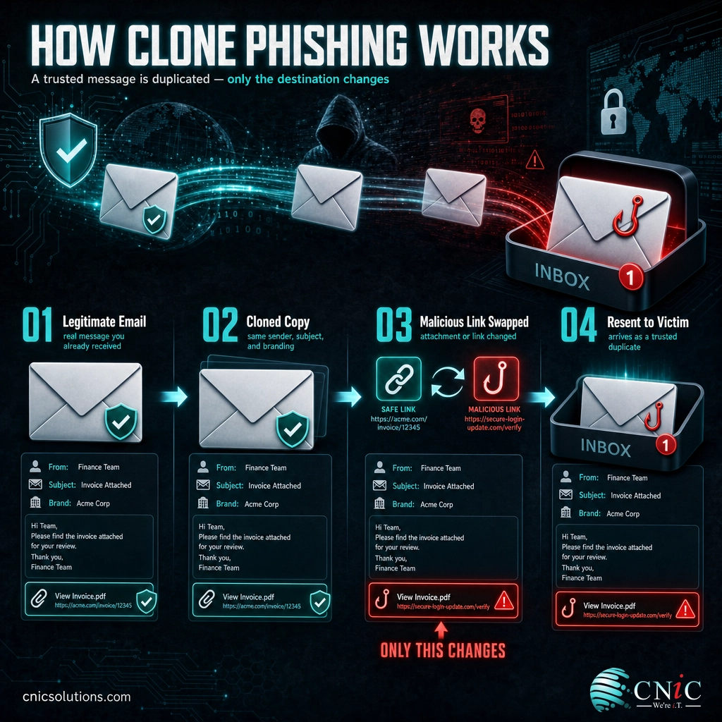 Diagram showing a legitimate email cloned, its link swapped for a malicious one, and resent to the victim