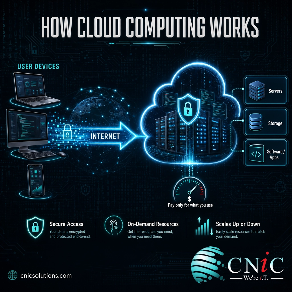 Diagram showing user devices connecting over the internet to a cloud provider delivering servers, storage, and software