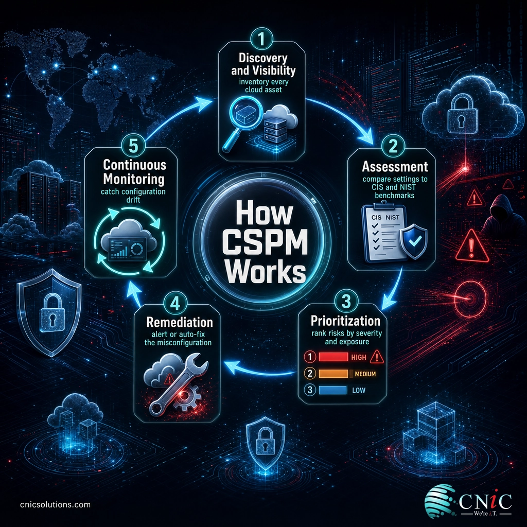 Five-stage CSPM cycle: discovery, assessment, prioritization, remediation, continuous monitoring