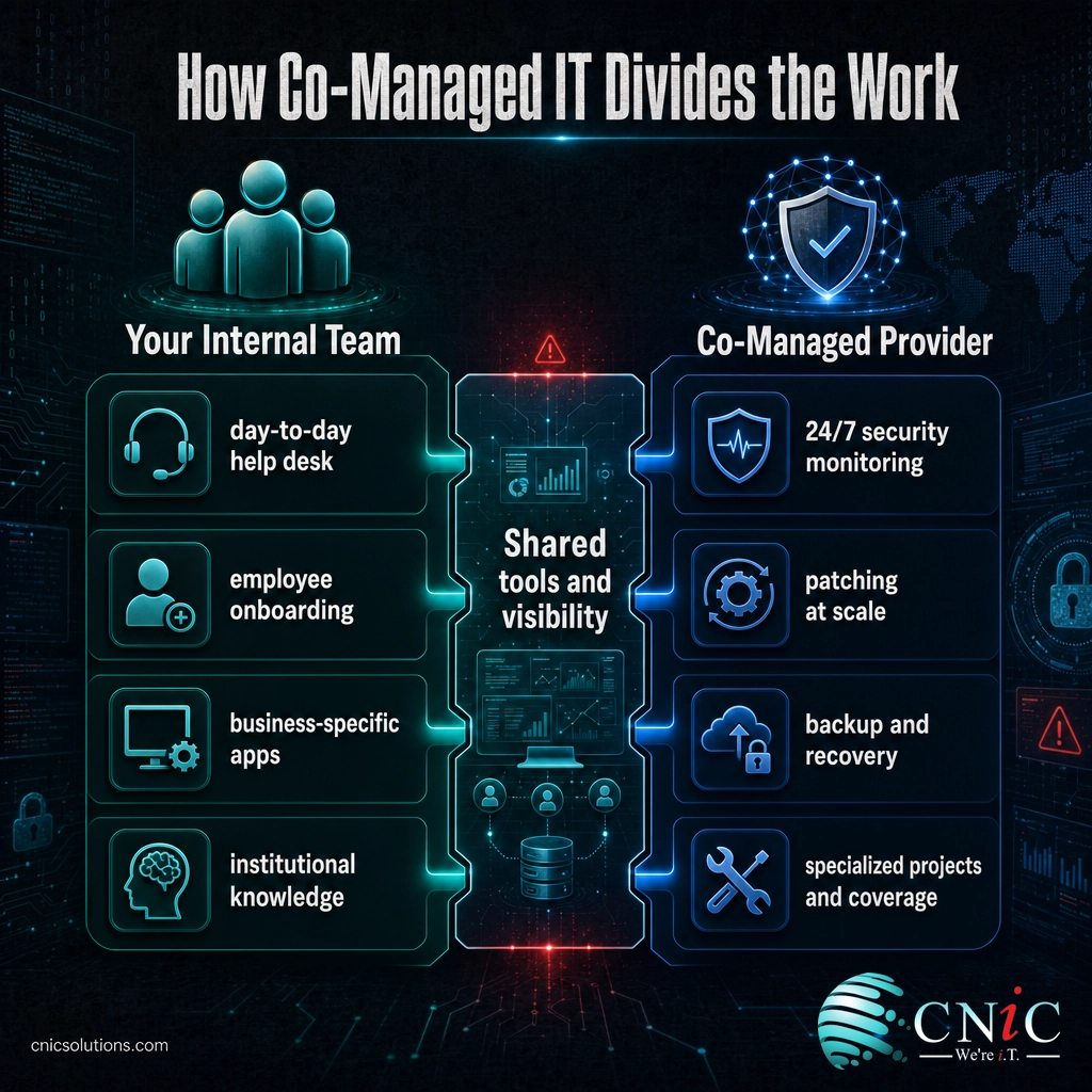 Infographic showing how co-managed IT splits responsibilities between an internal team and an external provider