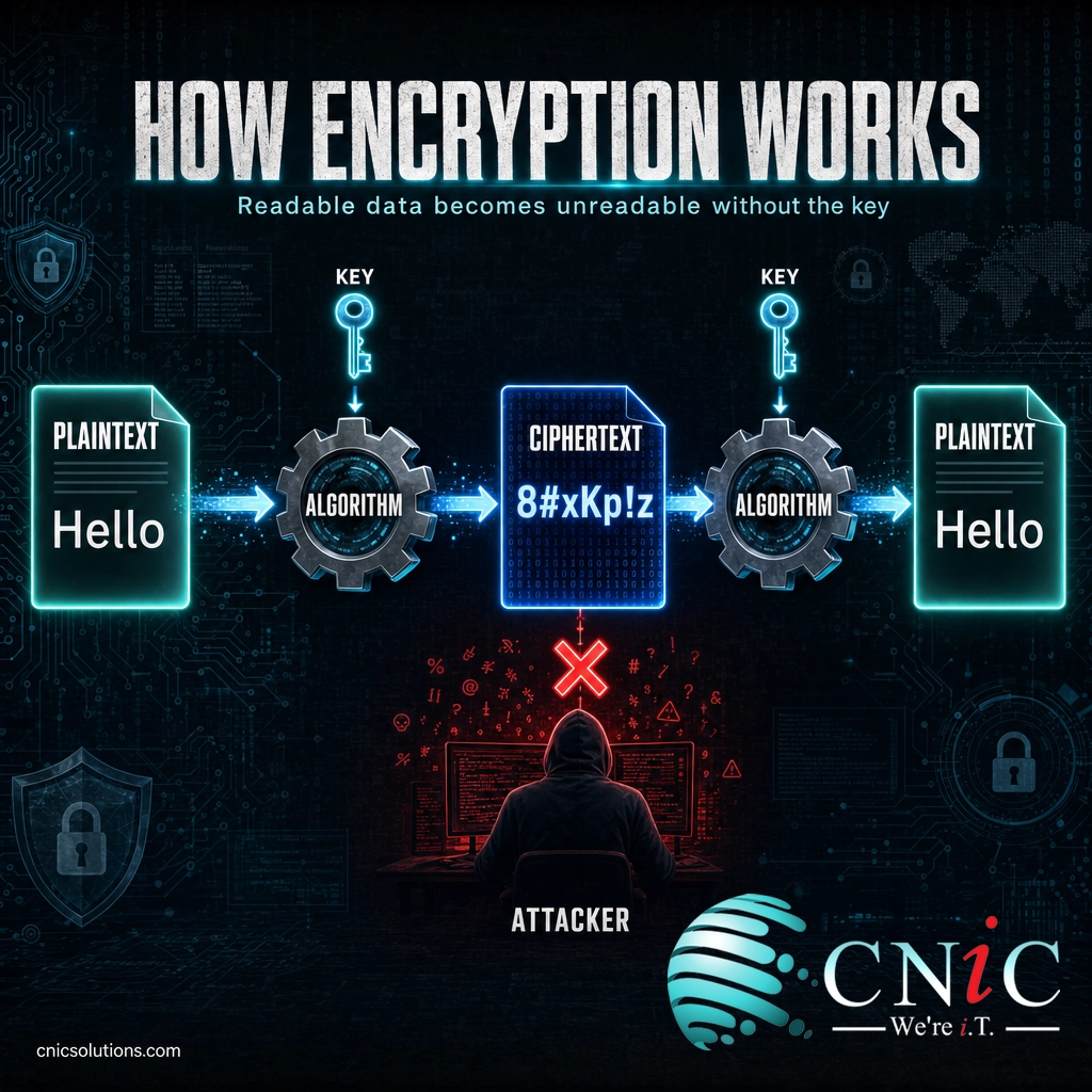 Diagram showing plaintext encrypted with a key into ciphertext, unreadable to an attacker without the key