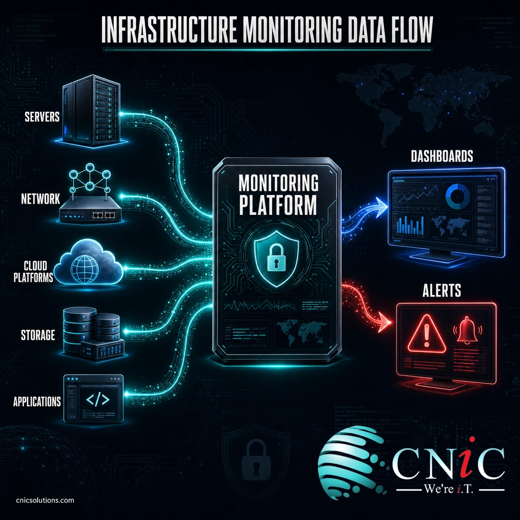 Diagram of infrastructure components feeding a central monitoring platform that outputs dashboards and alerts