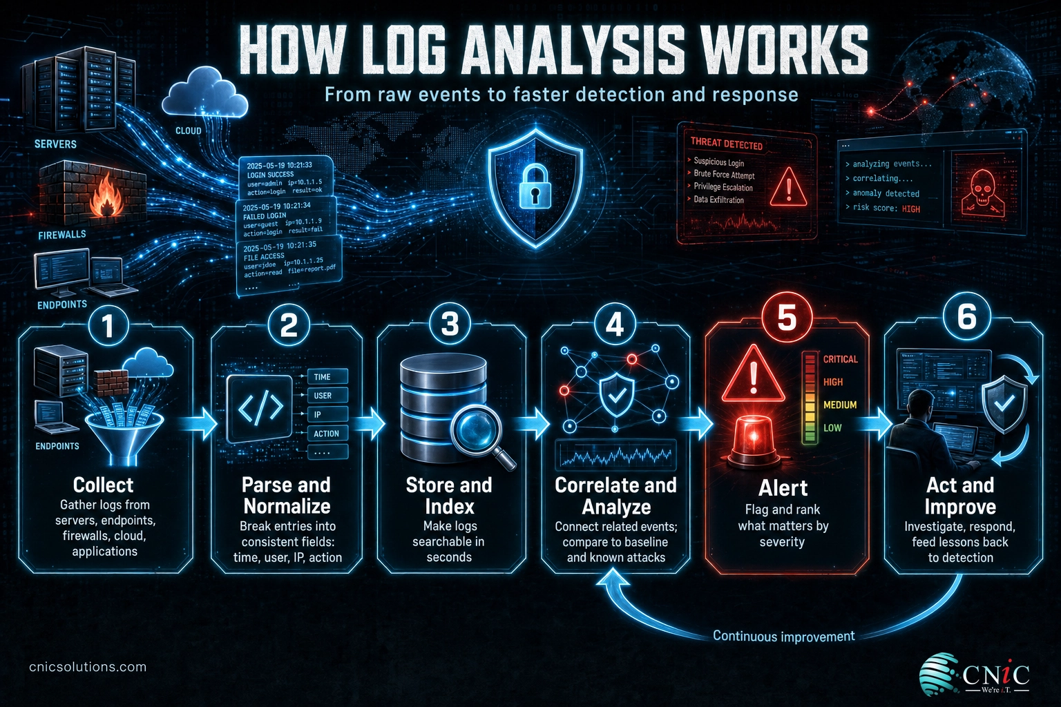 Infographic of the six-stage log analysis pipeline from collect through act and improve