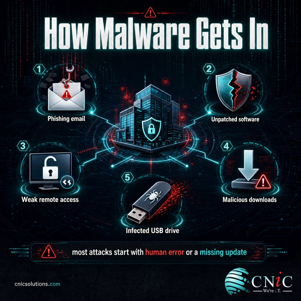 Infographic showing the five main ways malware infects business systems, including phishing and unpatched software