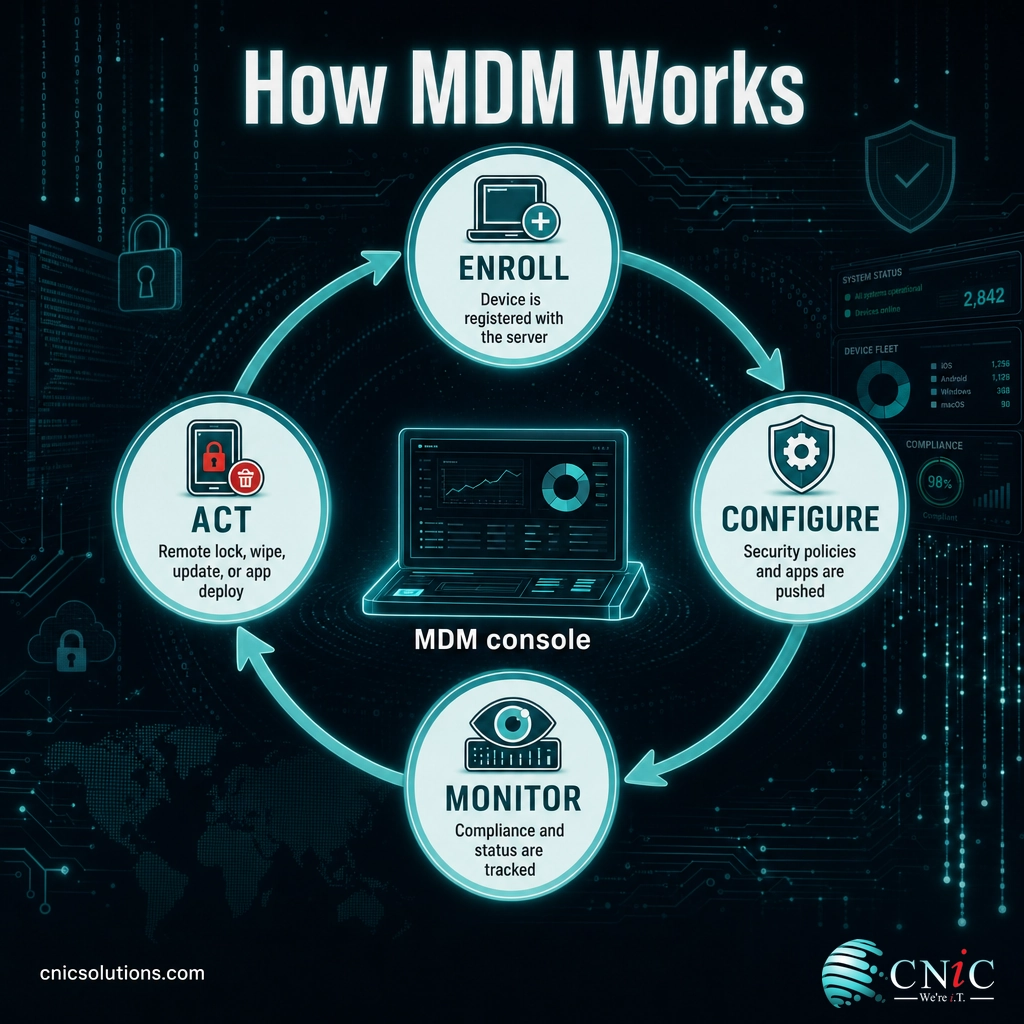 Diagram of the MDM management loop: enroll, configure, monitor, and remote action