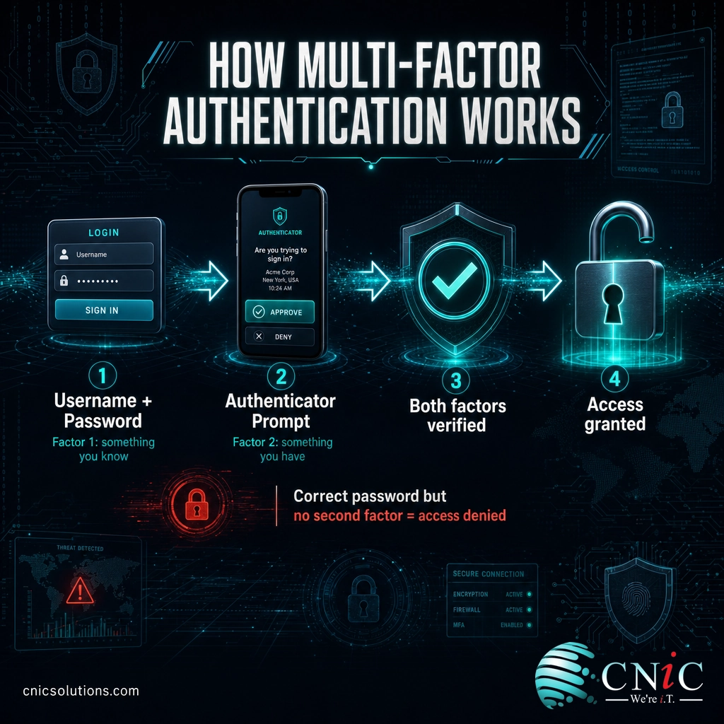 Diagram showing an MFA login flow from password to phone second factor to access granted