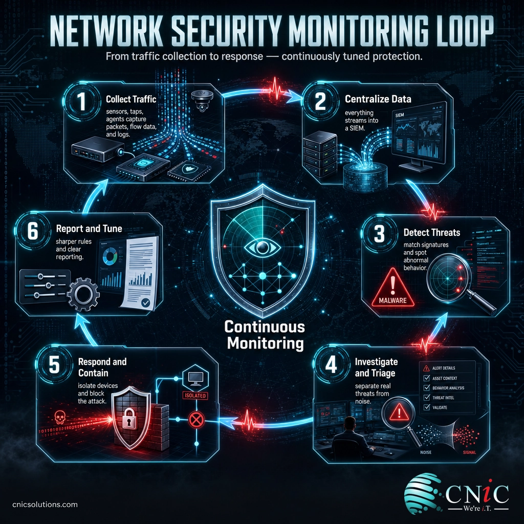 Infographic showing network security monitoring as a six step loop from collecting traffic to responding and reporting