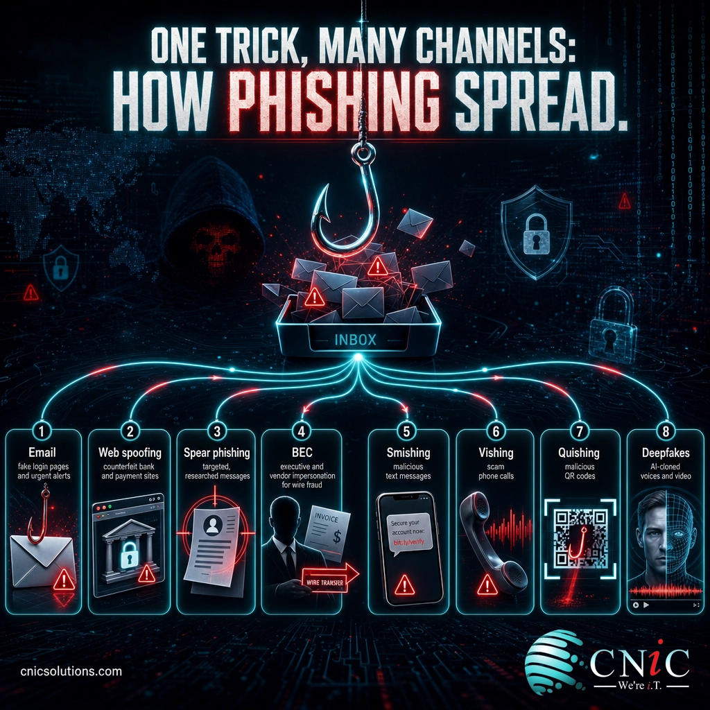 Infographic showing phishing branching from email into smishing, vishing, QR codes, BEC, and deepfakes