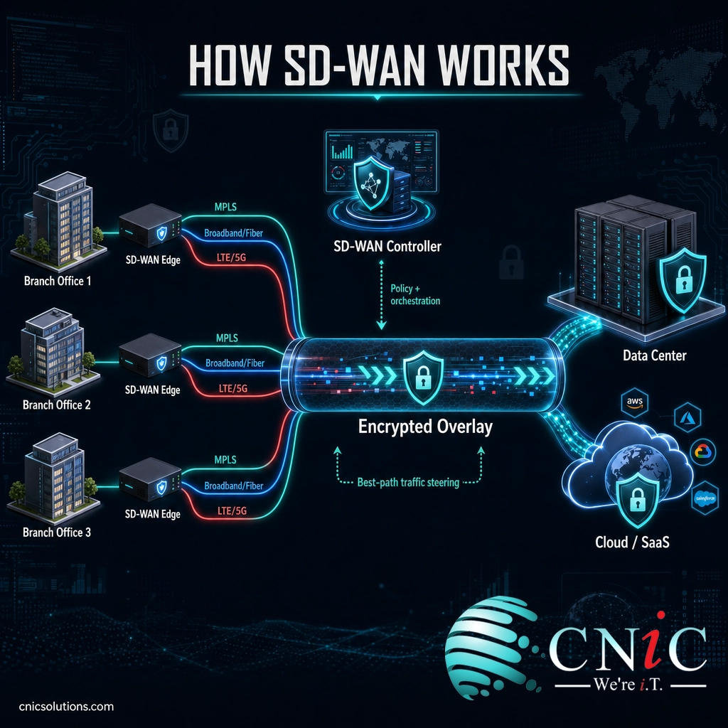 Diagram of SD-WAN routing traffic from branch sites over MPLS, broadband, and cellular to data center and cloud