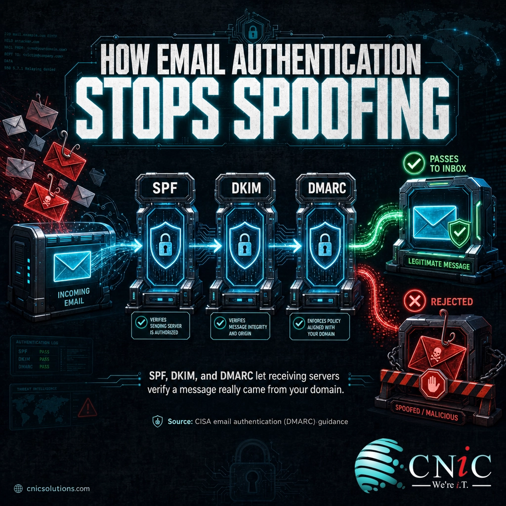 Infographic showing inbound email checked by SPF, DKIM, and DMARC with a spoofed message rejected